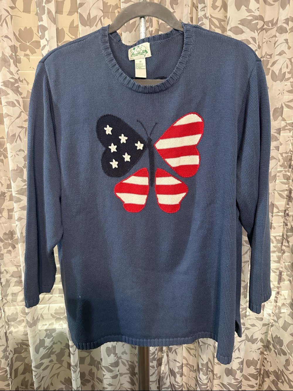 Quacker Factory Blue Sweater with Patriotic Butterfly
